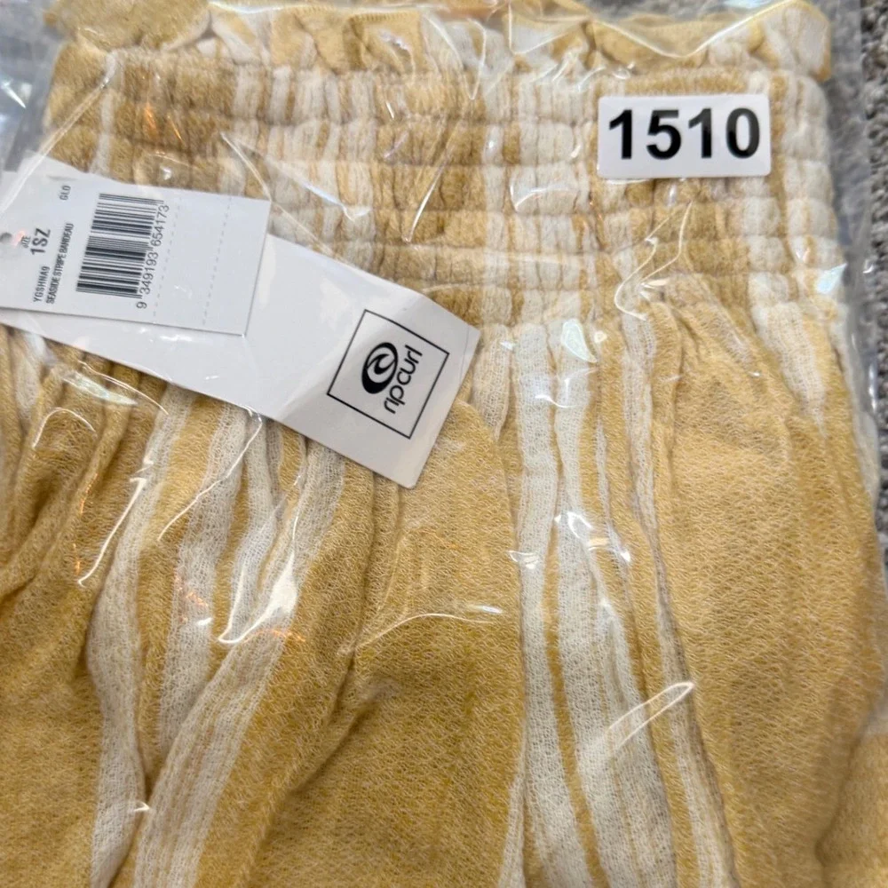 Rip Curl Seaside Stripe Bandeau Smocked‎ Peplum Top Beach Yellow White Small NEW